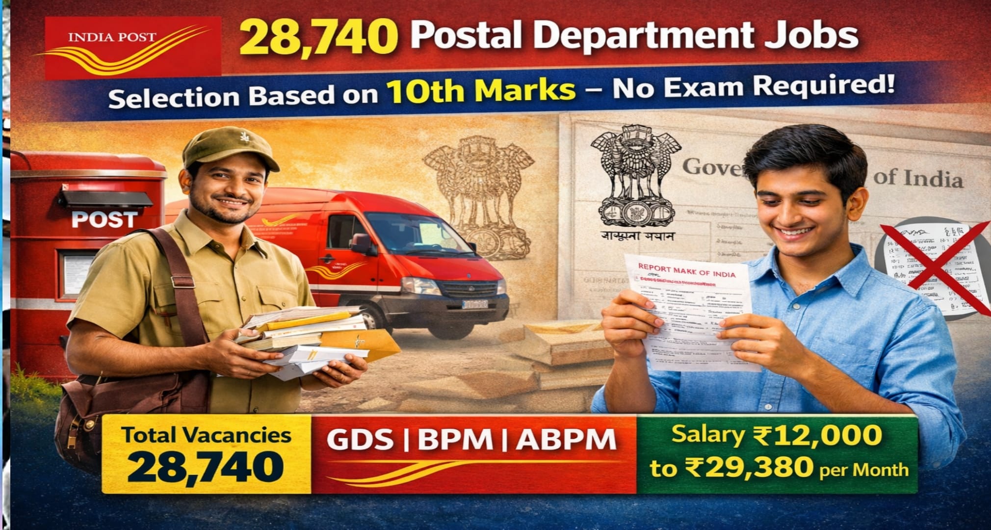 పోస్టల్ శాఖలో 28,740 ఉద్యోగాలు | పరీక్ష లేకుండా టెన్త్ అర్హతతో భారీ అవకాశం