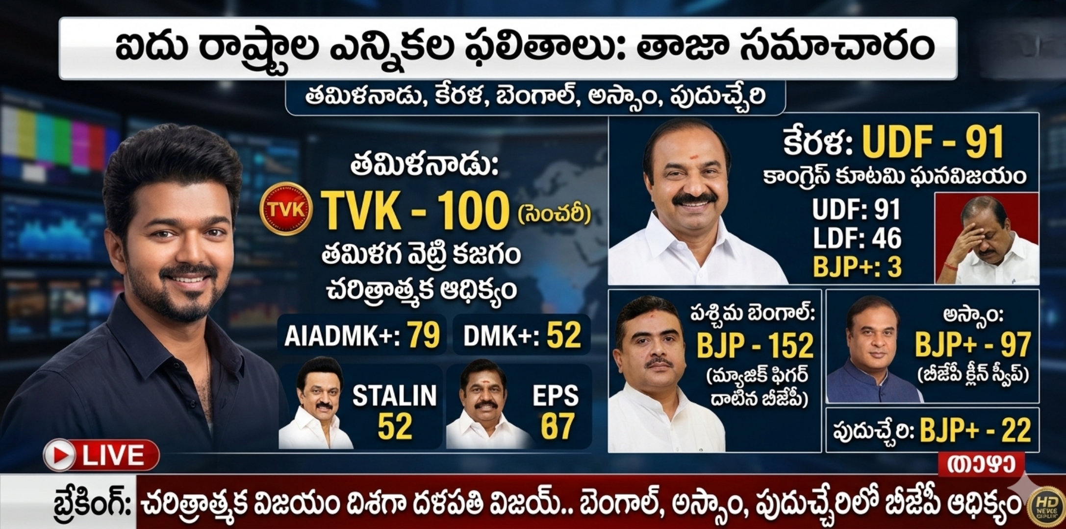ఎన్నికల తాజా కౌంటింగ్ ట్రెండ్స్: సెంచరీ కొట్టిన విజయ్ ‘టీవీకే’.. బెంగాల్‌లో మెజారిటీ మార్క్ దాటిన బీజేపీ!