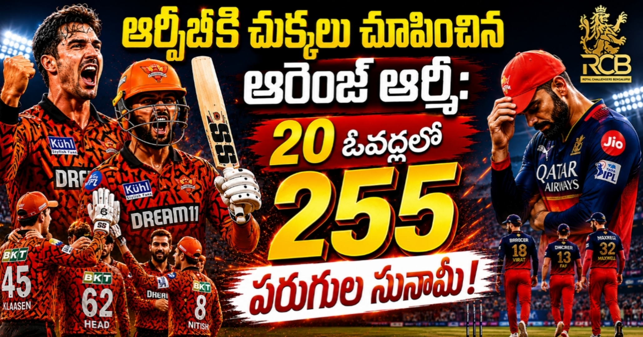 ఆర్సీబీకి చుక్కలు చూపించిన ఆరెంజ్ ఆర్మీ: 20 ఓవర్లలో 255 పరుగుల సునామీ!