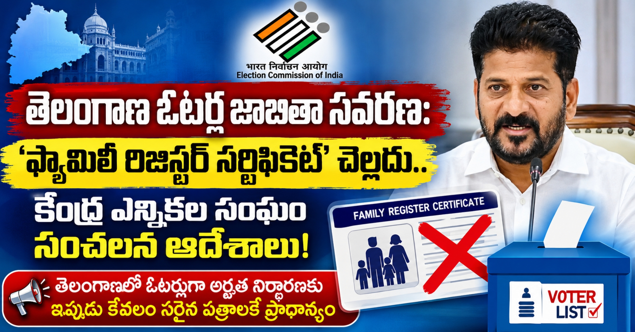eci-big-blow-to-ts-govt తెలంగాణ ఓటర్ల జాబితా సవరణ: ‘ఫ్యామిలీ రిజిస్టర్ సర్టిఫికెట్’ చెల్లదు.. కేంద్ర ఎన్నికల సంఘం సంచలన ఆదేశాలు!
